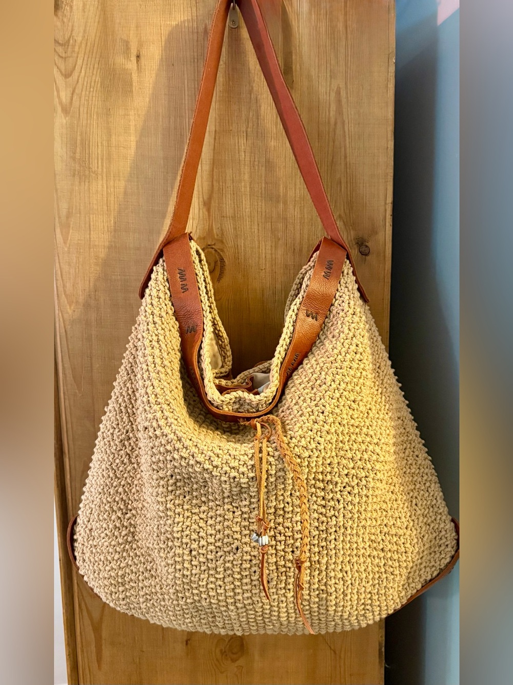 Lucky Brand Vintage Boho Crochet & Leather Shoulder Bag Tote